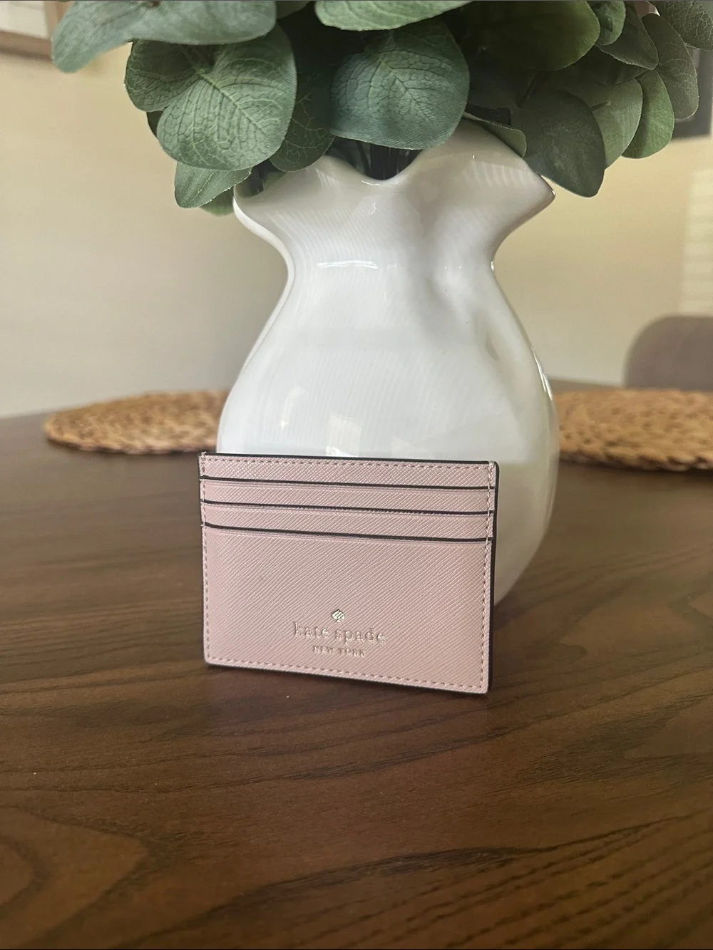 kate spade Tan Saffiano Leather Card Case with Gold Logo